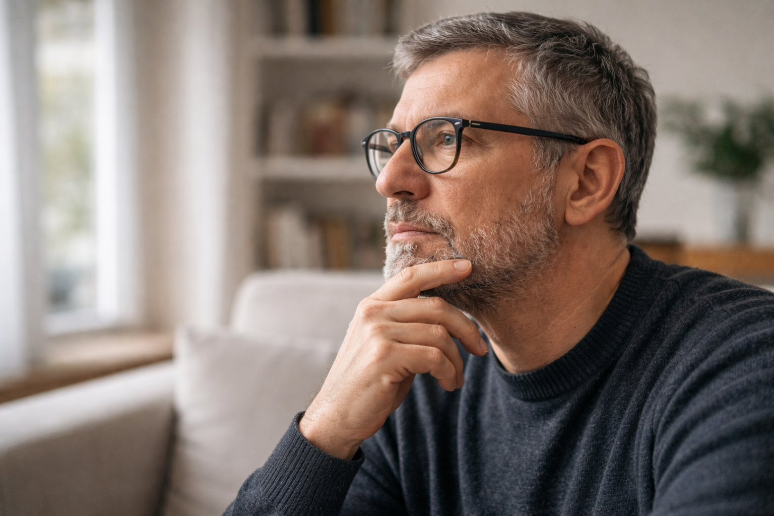 Middle-aged man at home with a thoughtful expression